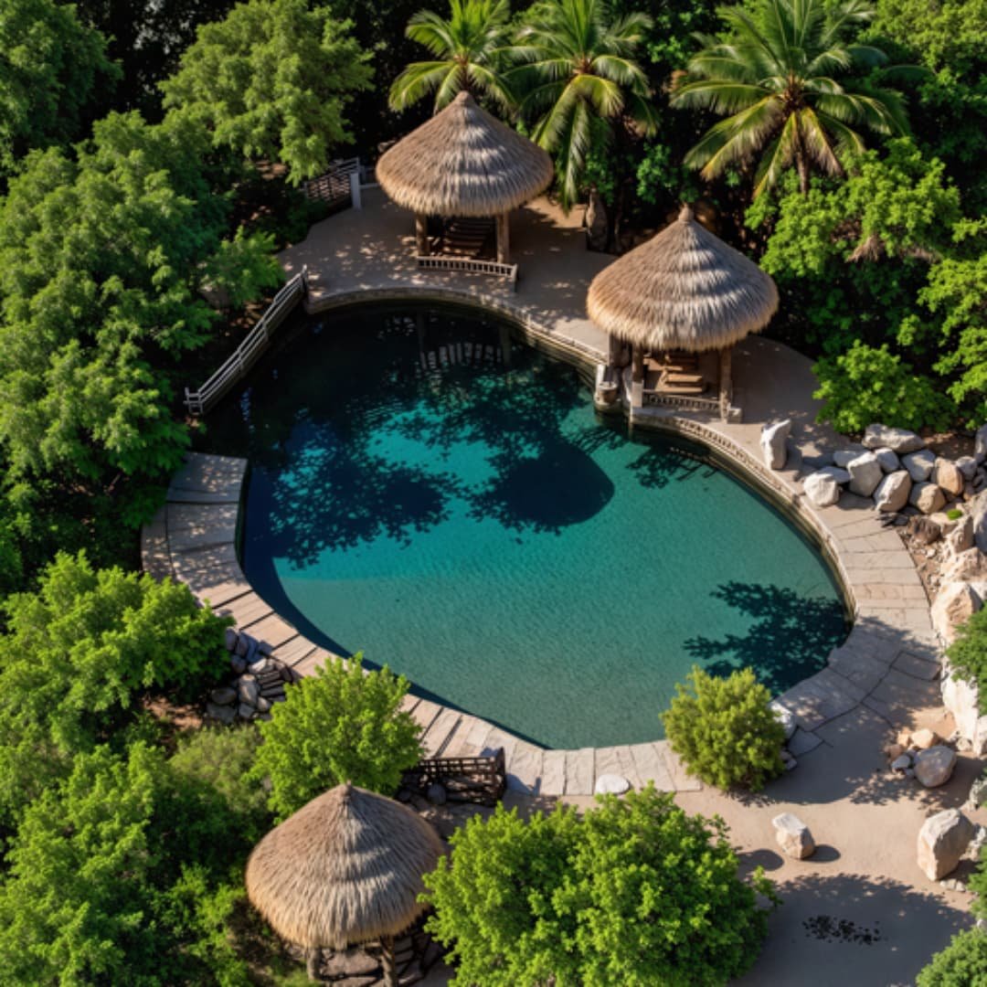 Render del Cenote Artificial y Senderos con esculturas mayas